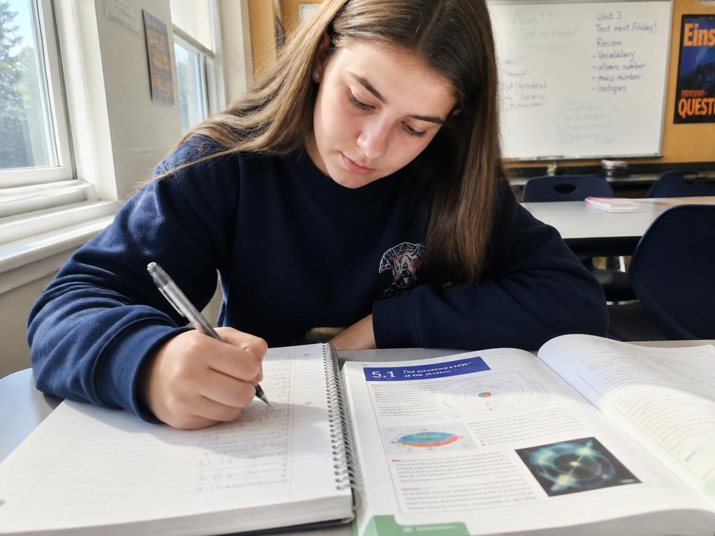 Une élève du secondaire résout des exercices de mathématiques et de sciences